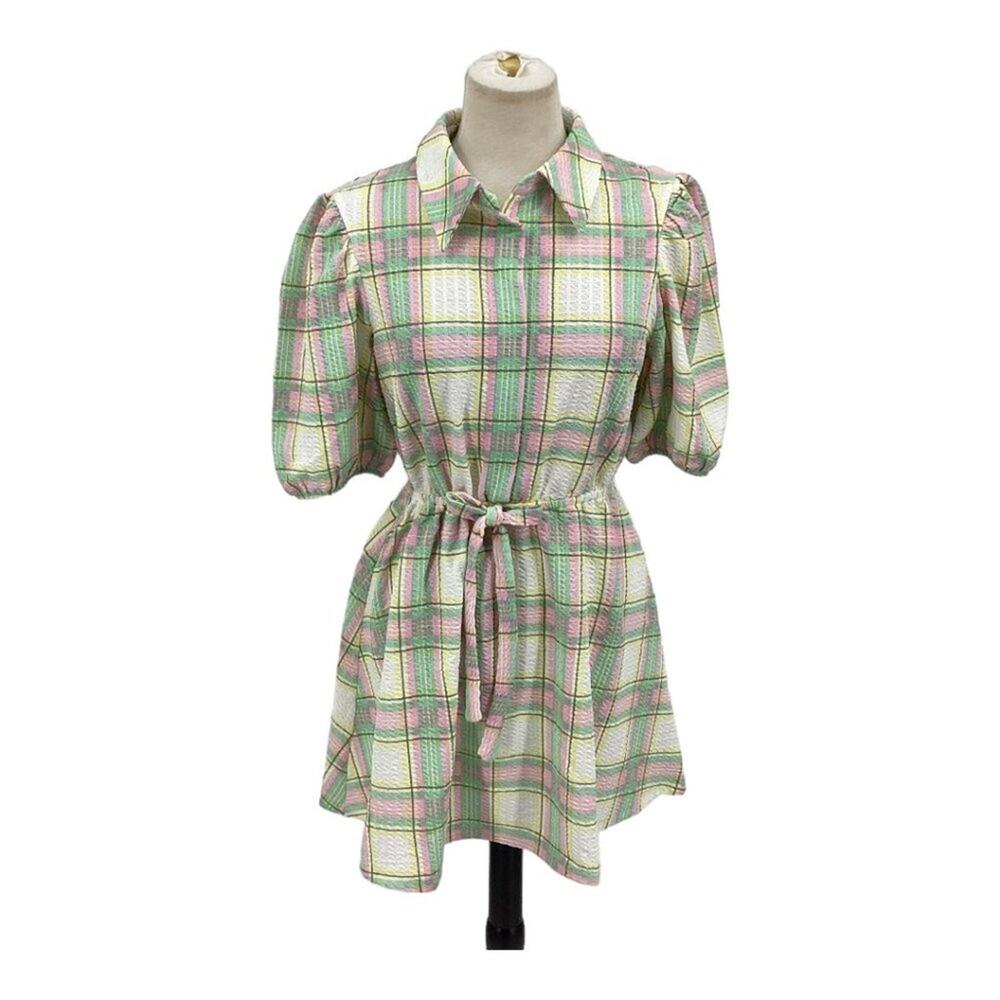 ASOS Mini Shirt Dress Puff Sleeves Pastel Plaid Size 6 NWOT $50 MSRP - Picture 2 of 8